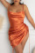Tangerine Red Sexy Solid Patchwork Draw String Fold Asymmetrical Spaghetti Strap Sling Dress Dresses