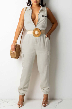 Cream White Casual Print Patchwork Zipper Turndown Collar Straight Jumpsuits(Without Belt)