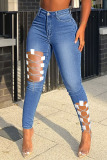 Deep Blue Sexy Solid Hollowed Out Patchwork Chains High Waist Denim Jeans