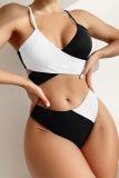 Black White Fashion Sexy Solid Patchwork Backless Swimwears (With Paddings)