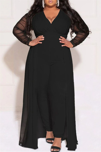 Black Fashion Casual Solid Patchwork V Neck Plus Size Two Pieces