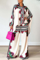Pale Red Casual Print Patchwork Buckle Asymmetrical Turndown Collar Long Sleeve Two Pieces
