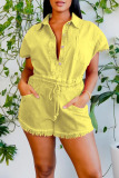 Yellow Casual Solid Patchwork Buckle Turndown Collar Short Sleeve Two Pieces