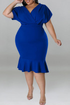 Blue Casual Solid Patchwork Flounce V Neck One Step Skirt Plus Size Dresses