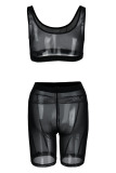 Black Sexy Solid Patchwork See-through U Neck Sleeveless Two Pieces
