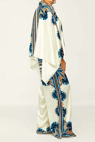 Blue Casual Print Patchwork Buckle Asymmetrical Turndown Collar Long Sleeve Two Pieces