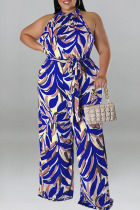 Blue Casual Vacation Print Bandage Patchwork O Neck Plus Size Jumpsuits