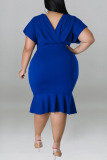 Blue Casual Solid Patchwork Flounce V Neck One Step Skirt Plus Size Dresses