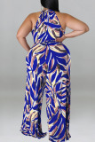 Blue Casual Vacation Print Bandage Patchwork O Neck Plus Size Jumpsuits