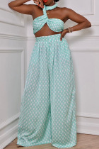 Light Blue Sexy Print Polka Dot Bandage Patchwork Strapless Sleeveless Two Pieces