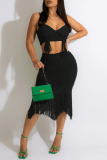 Green Fashion Sexy Solid Tassel Backless Fold Spaghetti Strap Sleeveless Two Pieces