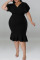 Black Casual Solid Patchwork Flounce V Neck One Step Skirt Plus Size Dresses