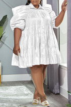 White Casual Sweet Solid Patchwork Buckle Turndown Collar A Line Plus Size Dresses