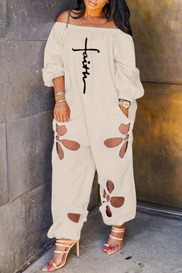 Cream White Fashion Casual Print Hollowed Out Backless Off the Shoulder Plus Size Jumpsuits