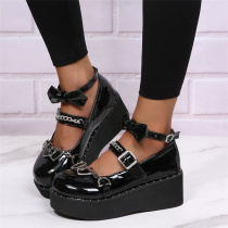 Black Fashion Casual Patchwork Metal Accessories Decoration With Bow Round Comfortable Wedges Shoes