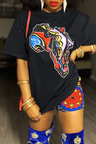 Black Casual Print Patchwork O Neck T-Shirts