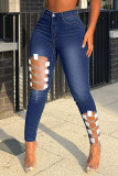 Medium Blue Sexy Solid Hollowed Out Patchwork Chains High Waist Denim Jeans