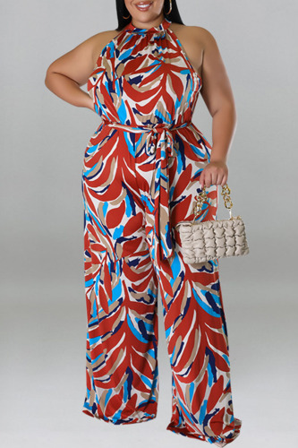 Burgundy Casual Vacation Print Bandage Patchwork O Neck Plus Size Jumpsuits