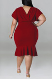 Burgundy Casual Solid Patchwork Flounce V Neck One Step Skirt Plus Size Dresses