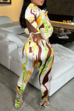Multicolor Sexy Print Bandage Patchwork Buckle Backless Asymmetrical Turndown Collar Long Sleeve Two Pieces