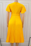 Orange Pink Elegant Solid Patchwork V Neck Pleated Plus Size Dresses