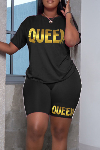 Black Casual Print Patchwork O Neck Short Sleeve Two Pieces