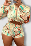 Multicolor Fashion Casual Print Patchwork Turndown Collar Long Sleeve Two Pieces