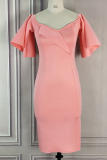 Pink Fashion Sexy Solid Patchwork Backless Off the Shoulder Evening Dress Dresses