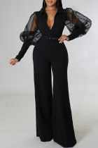 Black Casual Elegant Solid Patchwork V Neck Straight Jumpsuits