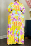 Yellow Casual Print Bandage Patchwork V Neck Straight Plus Size Dresses