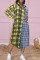 Blue Yellow Casual Plaid Print Patchwork Buckle Turndown Collar Tops