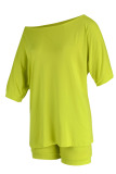 Fluorescent Green Casual Solid Patchwork Oblique Collar Short Sleeve Two Pieces