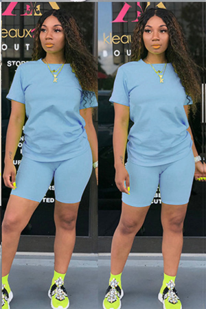 Blue Fashion Casual Slim fit Two Piece Suits Solid Regular Short Sleeve Two-Piece Short Set