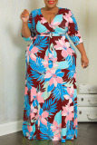 Red Casual Print Bandage Patchwork V Neck Straight Plus Size Dresses