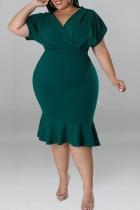 Ink Green Casual Solid Patchwork Flounce V Neck One Step Skirt Plus Size Dresses