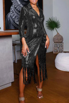 Black Fashion Elegant Solid Tassel Sequins Patchwork Turn-back Collar Outerwear