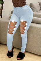Light Blue Casual Street Solid Hollowed Out Patchwork Chains High Waist Denim Jeans