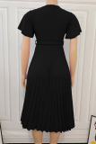 Black Elegant Solid Patchwork V Neck Pleated Plus Size Dresses