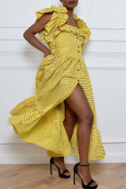 Yellow Fashion Casual Print Patchwork Square Collar Short Sleeve Dress