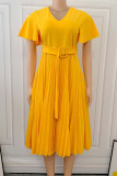 Yellow Elegant Solid Patchwork V Neck Pleated Plus Size Dresses