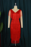 Red Fashion Sexy Solid Tassel Patchwork V Neck Sleeveless Dress