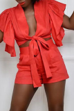 Orange Fashion Sexy Casual Solid Bandage Patchwork Backless V Neck Short Sleeve Two Pieces