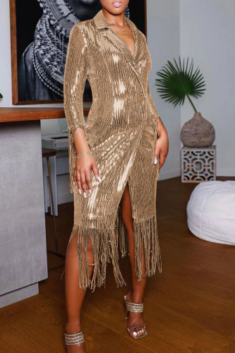 Gold Fashion Elegant Solid Tassel Sequins Patchwork Turn-back Collar Outerwear