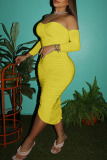 Yellow Sexy Solid Patchwork Fold Asymmetrical Off the Shoulder Pencil Skirt Dresses