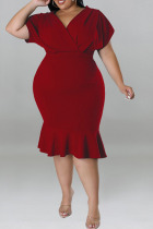 Burgundy Casual Solid Patchwork Flounce V Neck One Step Skirt Plus Size Dresses