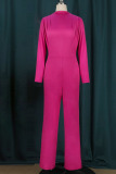 Rose Red Casual Solid Patchwork O Neck Straight Jumpsuits(Without Belt)
