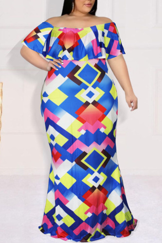 Blue Casual Print Patchwork Flounce Off the Shoulder Straight Plus Size Dresses