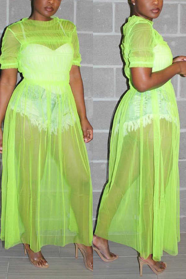 

Fluorescent green Fashion Sexy Cap Sleeve Short Sleeves O neck A-Line Knee-Length Mesh Patchwork perspective