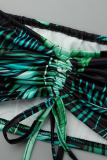 Black Green Fashion Sexy Print Draw String Frenulum Backless Slit Strapless Sleeveless Two Pieces