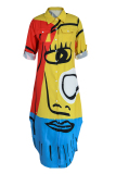 Multicolor Fashion Casual Print Slit Turndown Collar Shirt Dress